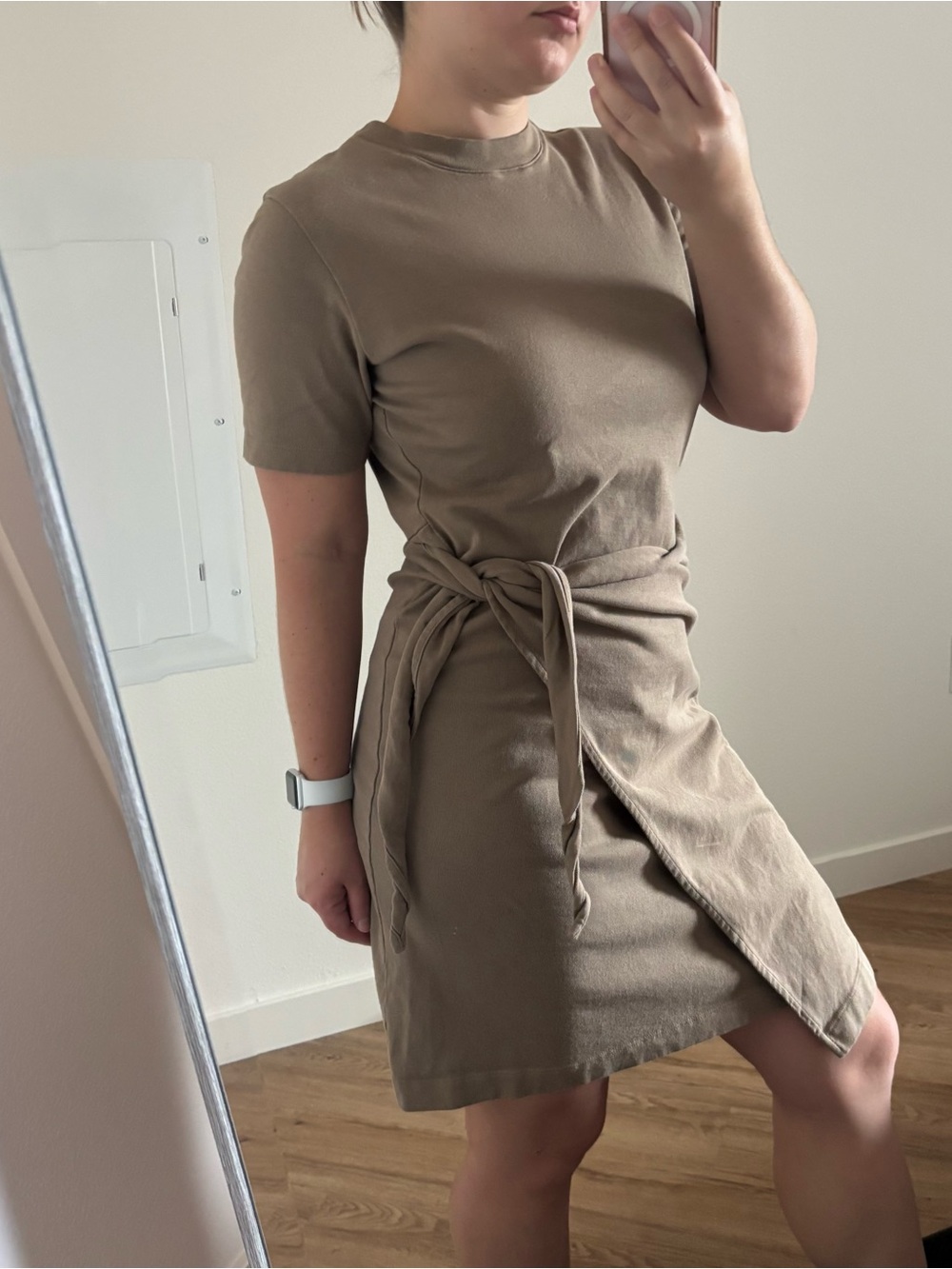 Vince side tie Short Sleeve Cotton T shirt Dress Shale Taupe XS minimalist chic - Picture 2 of 13